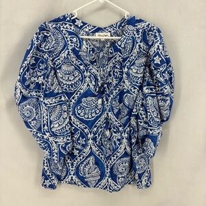 Panama Jack Blue White Linen Rayon Beaded Tassel Boho Peasant Top XL